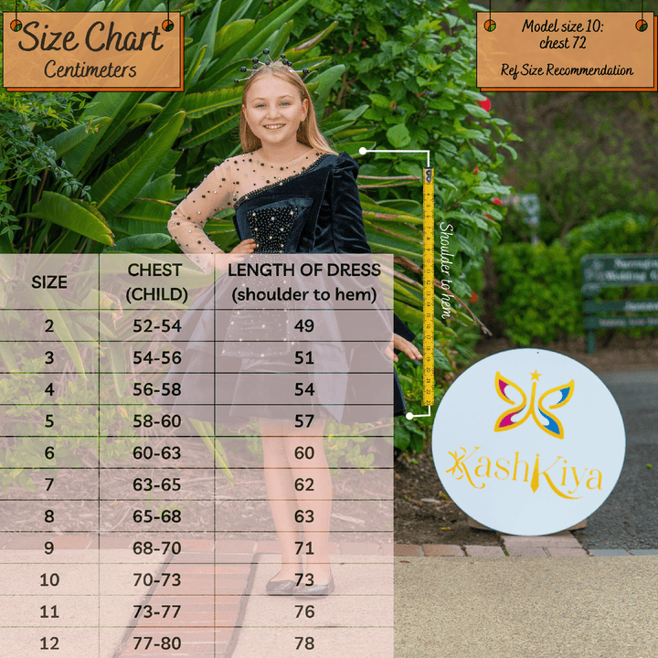 kids girls size chart - midnight pearl designer dresses