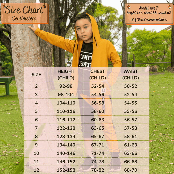 kids boys size chart - mustard marvel hoodie 