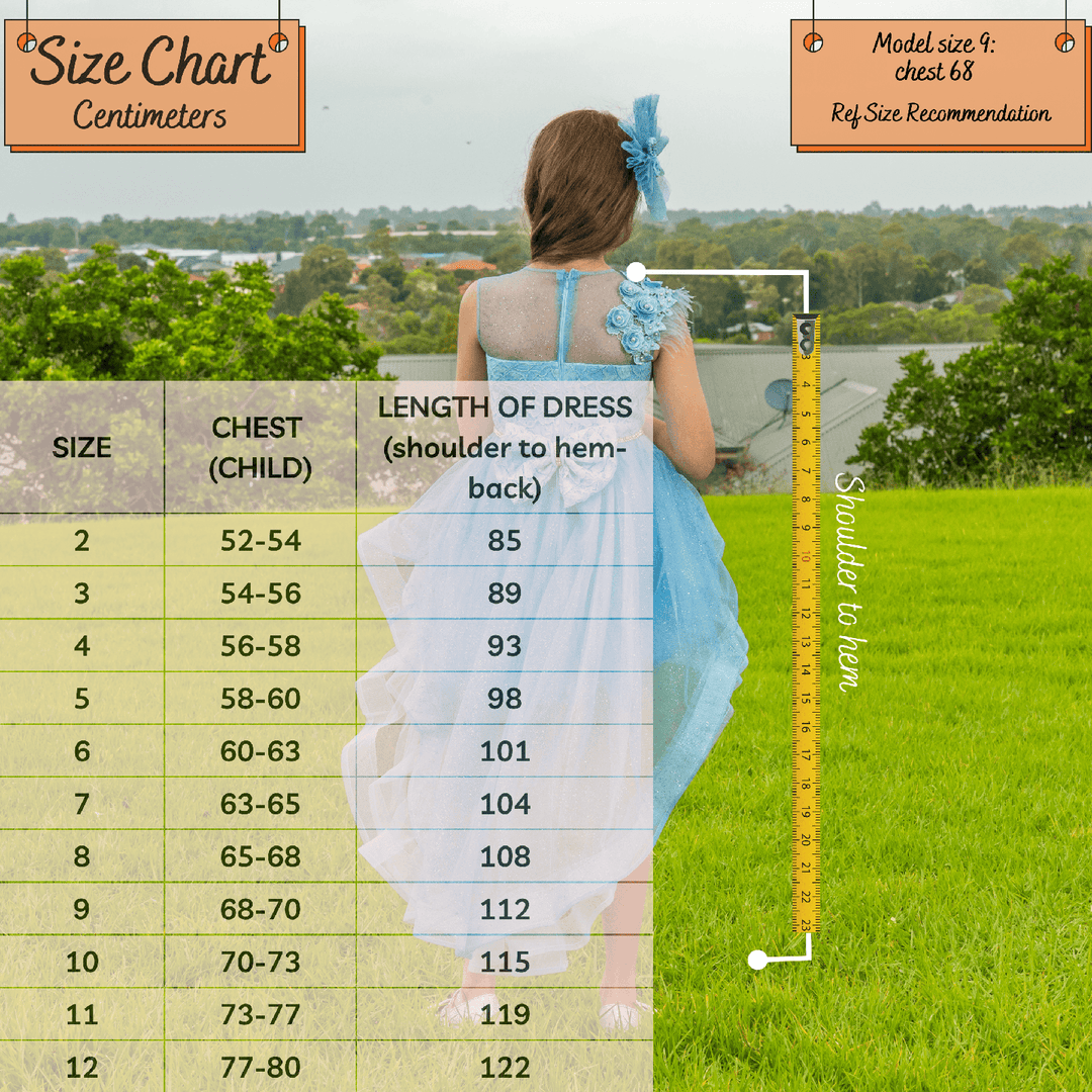 kids girls size chart - the blue bird designer dresses